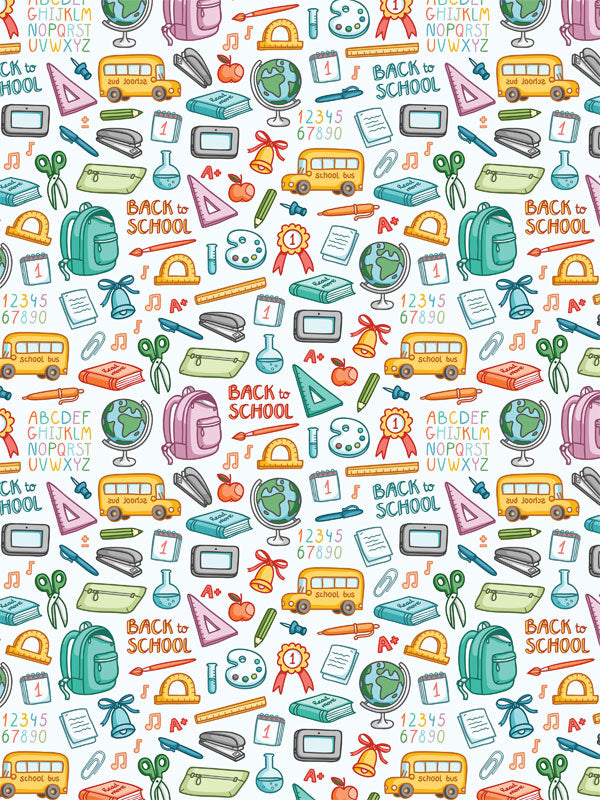 Back to School Fun Doodle Photography Backdrop - Colorful school-themed doodle backdrop perfect for children's back-to-school photography sessions.