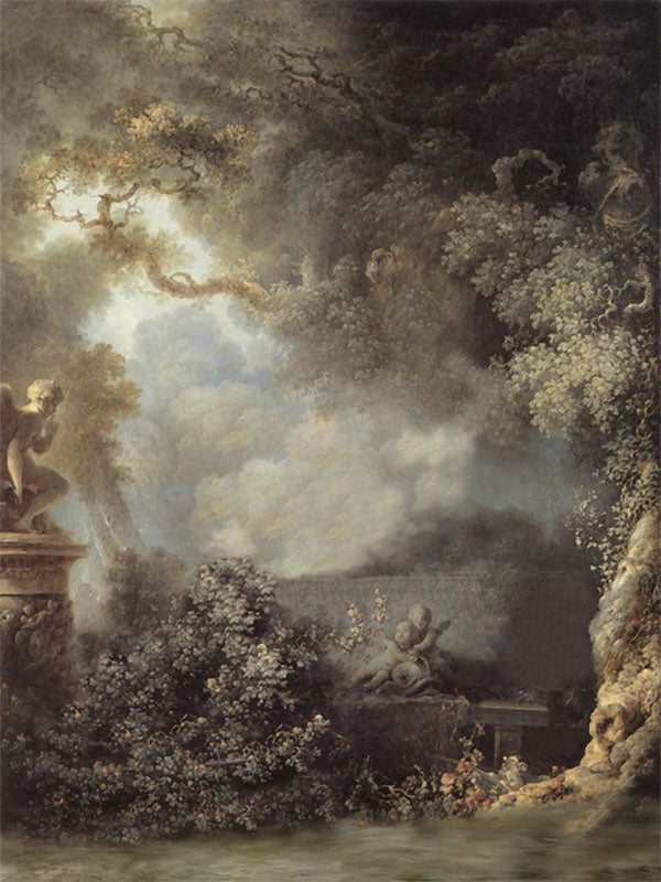 A romantic photography backdrop with a stone angel sculpture and lush Baroque-style foliage.