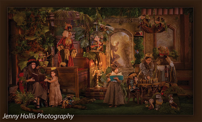 Painterly garden with stone cherubs and timeless texture, ideal for dramatic portraiture.