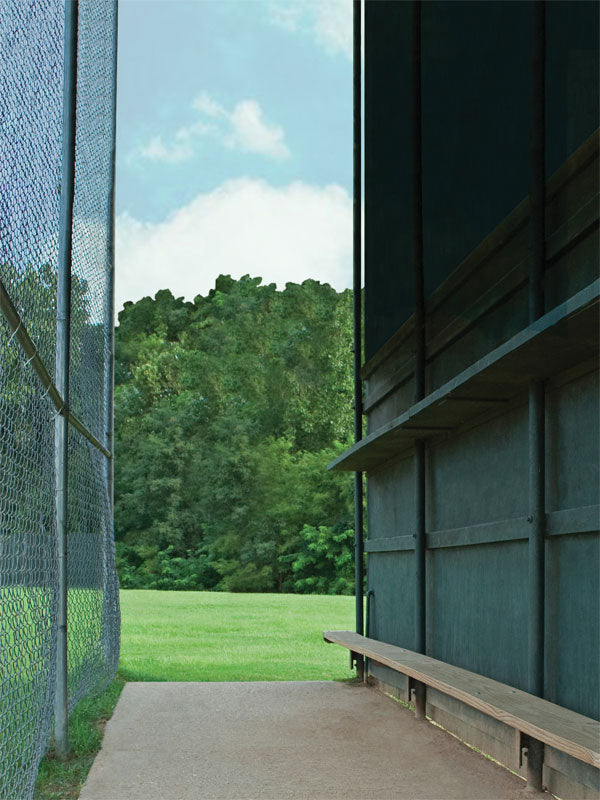 Baseball Dugout Photography Backdrop - Baseball dugout photography backdrop featuring a view of the field and green trees for sports-themed photoshoots.