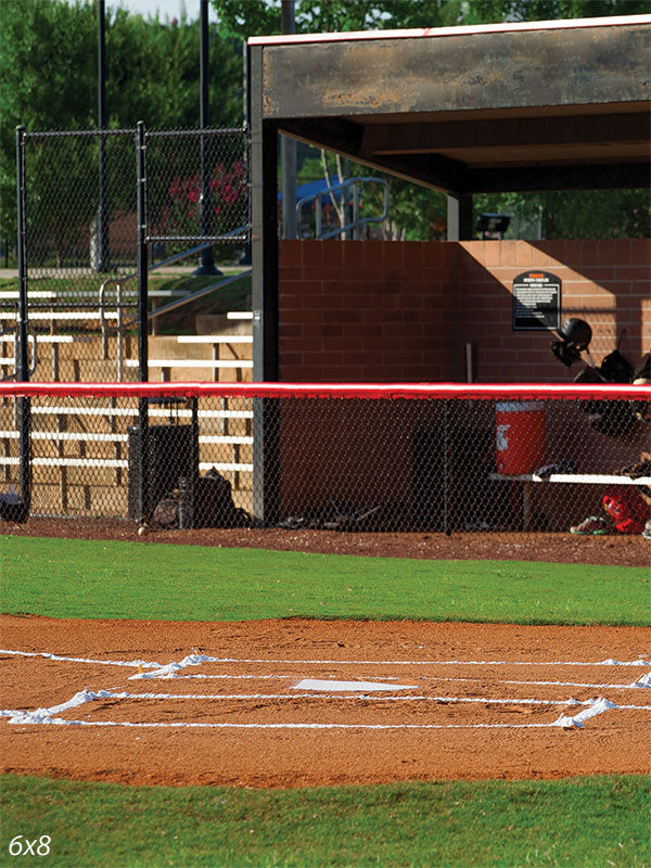 Baseball Dugout Photography Backdrop - Baseball dugout photography backdrop with pitcher's mound and fencing, ideal for sports-themed photoshoots.