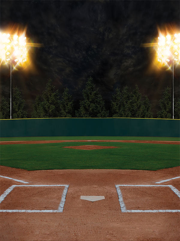 Baseball Field Photography Backdrop - A lit-up baseball field photography backdrop featuring stadium lights and a detailed baseball diamond.