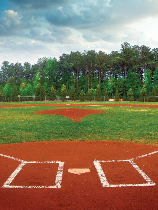 Baseball Field Photography Backdrop - Photography backdrop of a baseball field with home plate, pitcher's mound, and a dramatic overcast sky, ideal for sports-themed photoshoots.