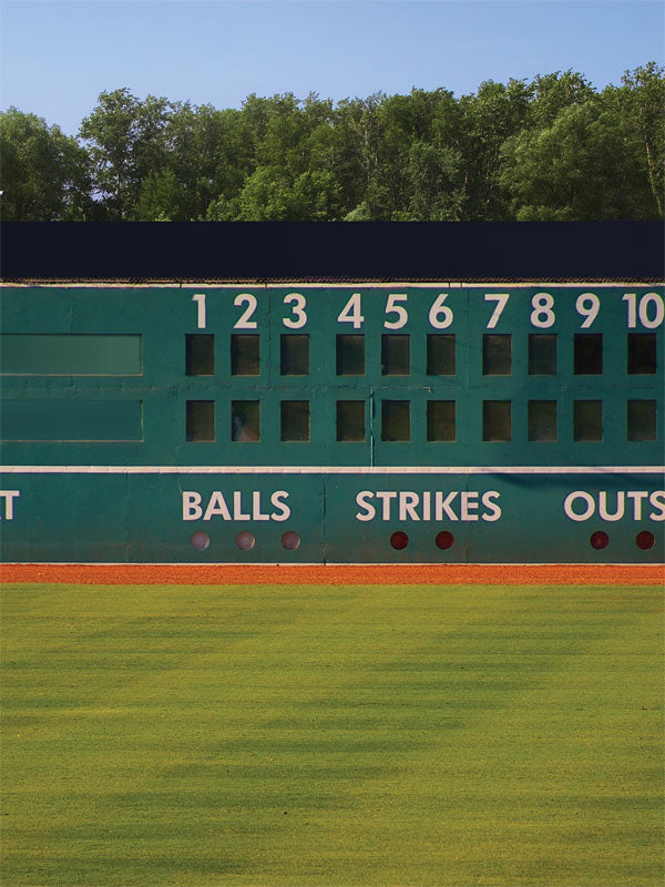 Baseball Scoreboard Photography Backdrop - Baseball scoreboard photography backdrop with green scoreboard and trees in the background, perfect for sports-themed photoshoots.