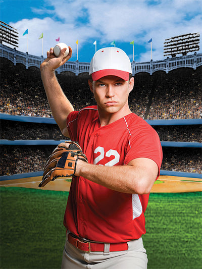 A high-energy backdrop capturing a major league baseball field with realistic crowd and stadium lights.