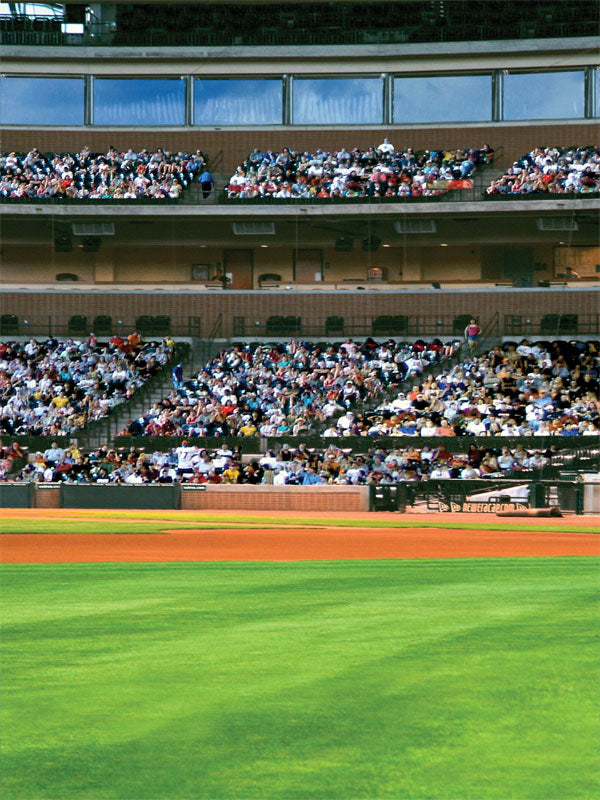A baseball photography backdrop featuring a realistic outfield view with green grass, dirt infield, and a stadium filled with cheering fans.