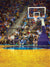 A basketball photography backdrop featuring a realistic game-time court with a hoop and stadium crowd.