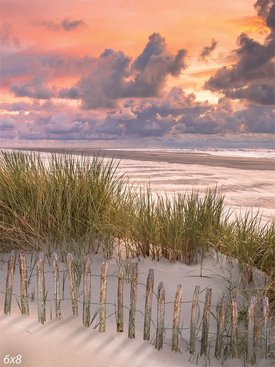 Beach Sunset Photography Backdrop - Photography backdrop featuring a serene beach scene at sunset with sandy dunes, tall beach grass, an old wooden fence, and gentle waves rolling onto the shore under a dramatic, colorful sky.