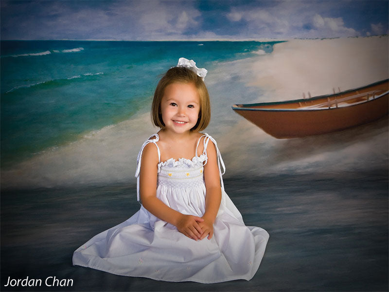 Serene beach backdrop with open sky and subtle painterly textures.