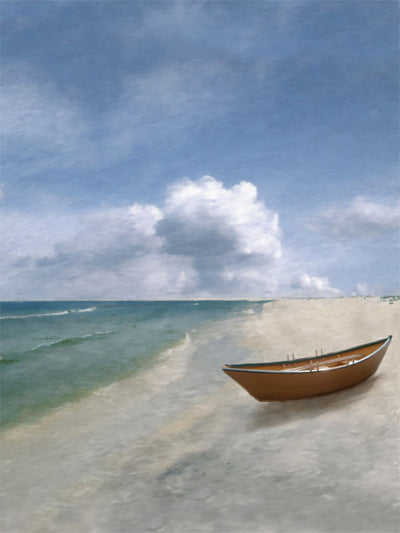 Wooden boat resting on a quiet sandy beach beneath a vast sky.