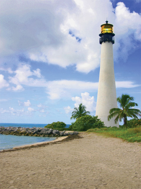 A stunning photography backdrop featuring a tall lighthouse on a sandy beach with palm trees and rocky shores, perfect for coastal and nautical-themed photo shoots.