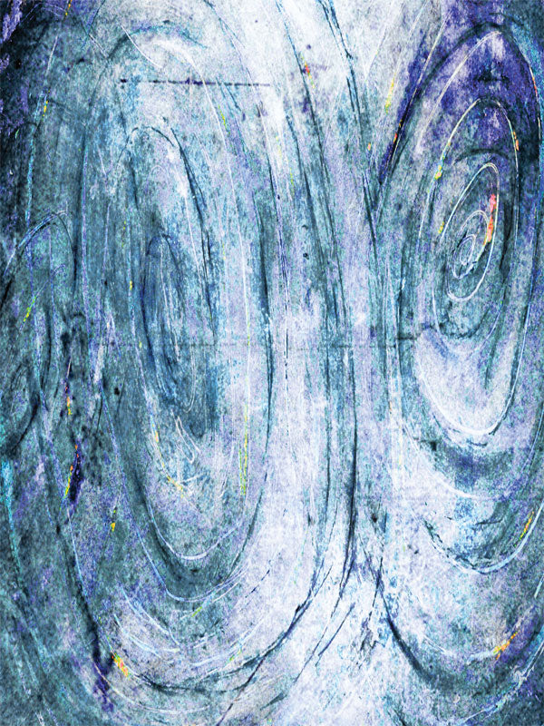 Swirled blue backdrop with etched circular patterns and distressed textures.