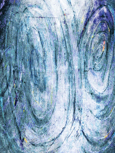 Swirled blue backdrop with etched circular patterns and distressed textures.