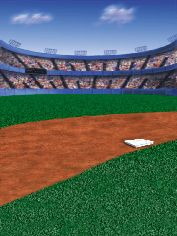 Baseball stadium photography backdrop featuring a vibrant green field, dirt infield, and home plate, ideal for professional sports photoshoots.