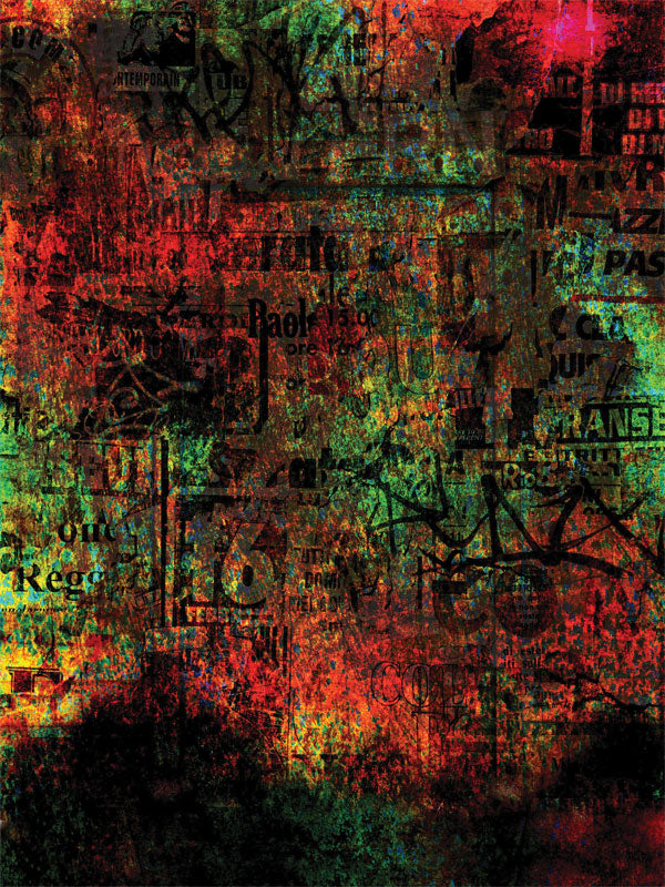 Urban photography backdrop featuring layered graffiti, torn posters, and distressed textures in red, green, black, and rust tones—ideal for edgy portrait sessions, band promos, and creative editorial shoots with street-style energy.