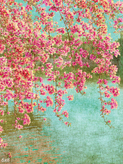 Blossom Reflection Photography Backdrop - Cherry blossoms cascading over a tranquil pond with reflections, used as a photography backdrop.