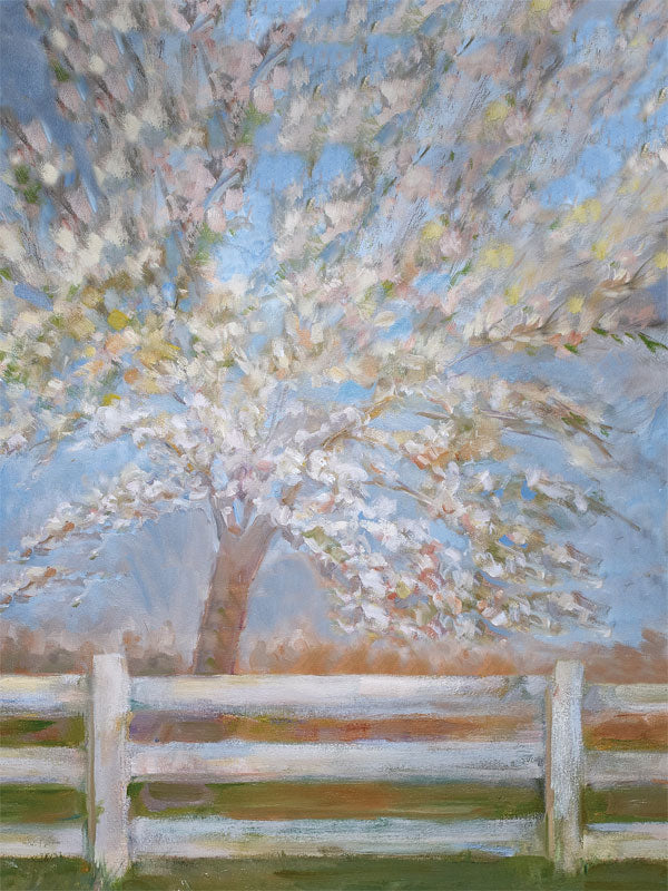 Blossoming Spring Tree with White Fence Photography Backdrop - Photography backdrop featuring a soft painting of a blossoming tree over a white picket fence, ideal for spring and family photoshoots.