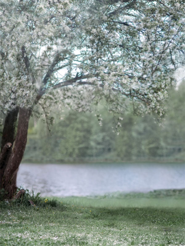 Blossoming Tree by the Lake Photography Backdrop - A serene photography backdrop featuring a blossoming tree by a tranquil lake. Ideal for nature-themed photoshoots.