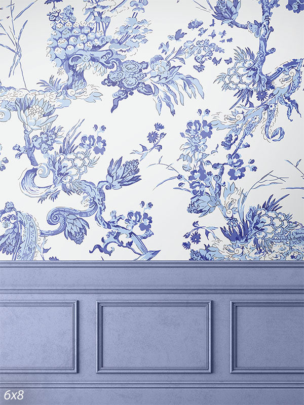 Blue Chinoiserie Panel Photography Backdrop - Photography backdrop featuring blue and white chinoiserie patterns with blue paneling.