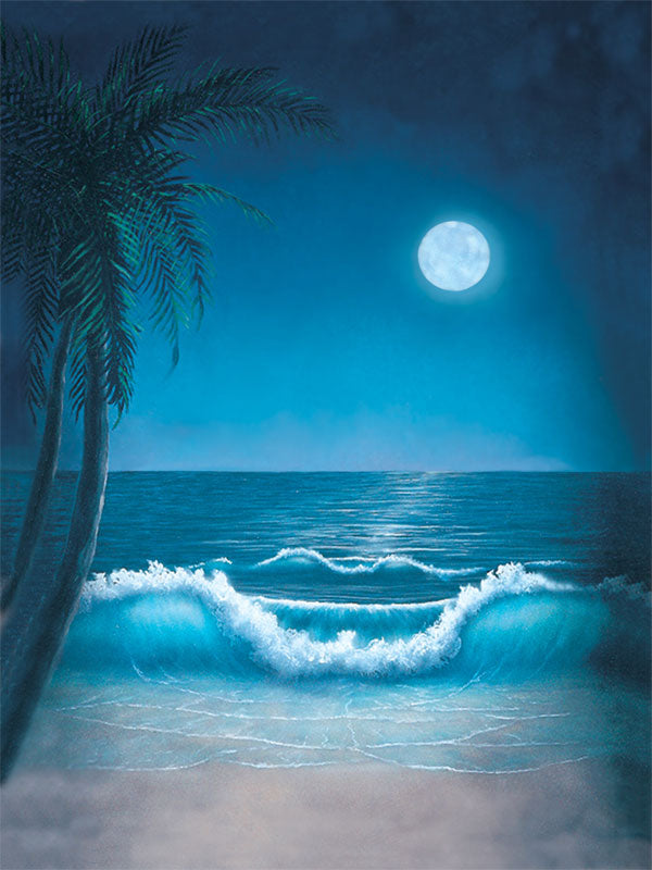Blue Hawaii tropical night photography backdrop with a glowing full moon, ocean waves, and a tranquil beach setting.