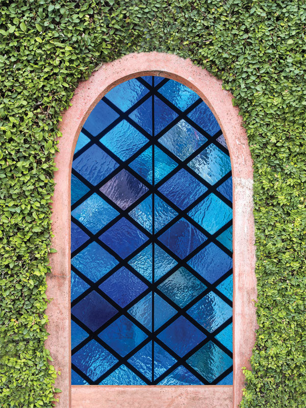 Blue Stained Glass and Ivy Photography Backdrop - Photography backdrop featuring a blue stained glass window framed by a rustic stone arch surrounded by ivy, perfect for natural or elegant photoshoots.