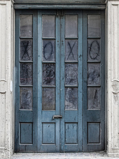 Blue Weathered Door Photography Backdrop - Weathered blue door photography backdrop with distressed glass panels for moody, urban-themed photoshoots.