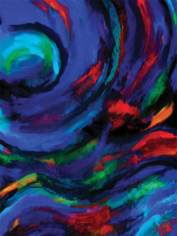 Vivid abstract backdrop with deep blue, green, and red brushstrokes in swirling motion.