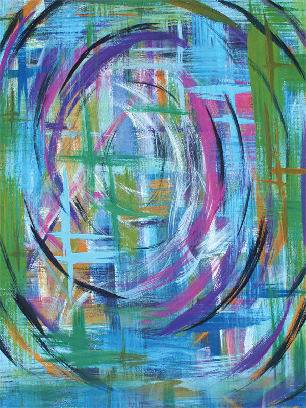 Vivid abstract backdrop with intersecting lines and circular brush strokes in blue, green, and purple.