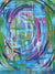 Vivid abstract backdrop with intersecting lines and circular brush strokes in blue, green, and purple.