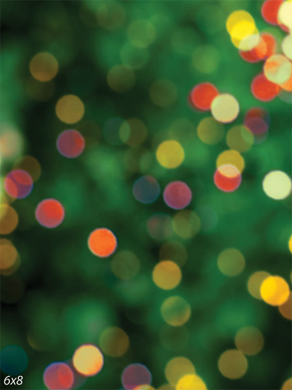 Bokeh Christmas Lights Photography Backdrop - Photography backdrop featuring a dreamy bokeh effect with multi-colored Christmas lights on a green background.