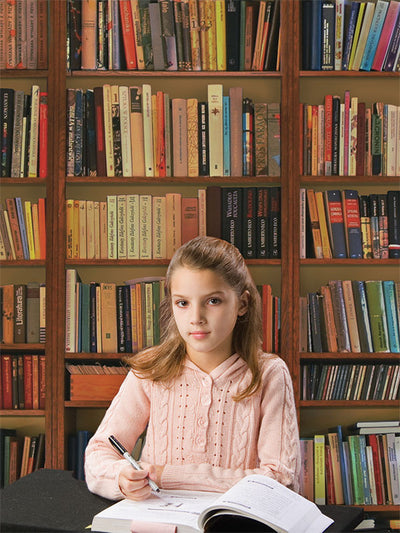 Cozy backdrop with organized bookshelves and stacked publications.