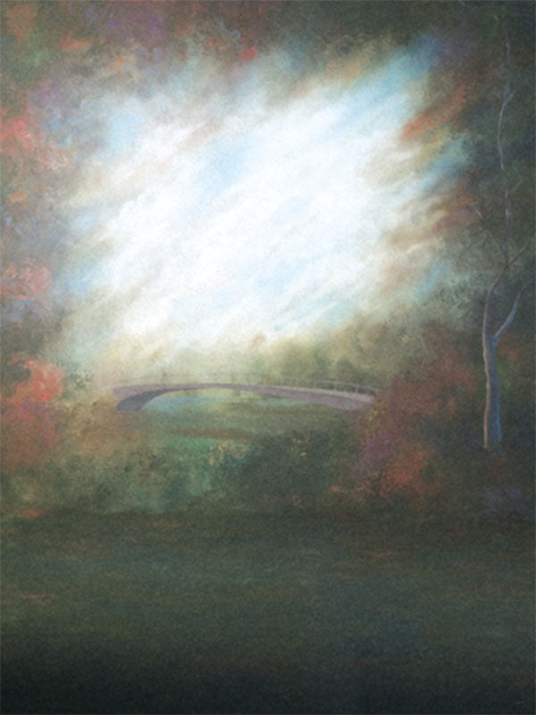 Soft landscape scene with a gentle bridge and glowing sky, painted in muted tones.