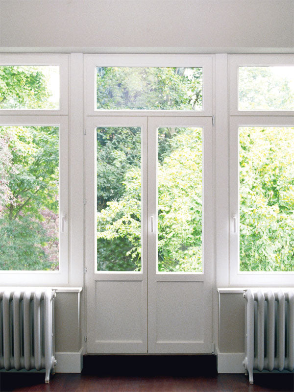 Bright Window with Garden View Photography Backdrop - Photography backdrop featuring a bright, white-framed window looking out onto lush green trees, perfect for fresh, natural-themed photoshoots.