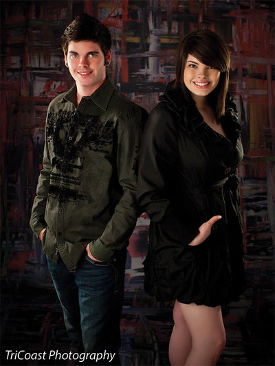 Backdrop in black, white, and red tones with highlighted linear accents.