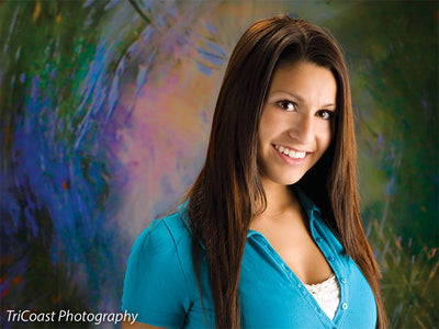 Dynamic painted swirl in red, blue, and gold tones perfect for dramatic portraits.