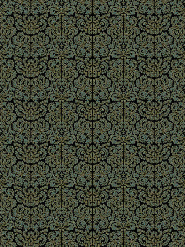 Classic green and gold damask pattern on black background for formal portraits.