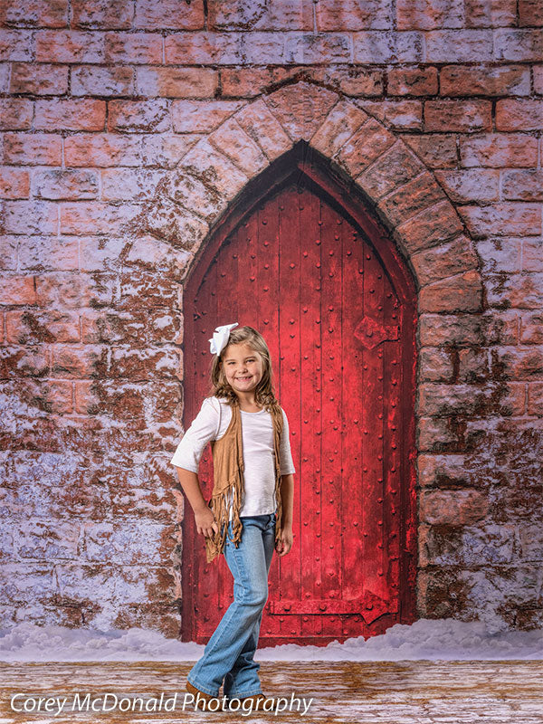 Photography backdrop featuring a bold red medieval-style door set in a weathered stone wall, with snow at the base with young girl posing as a model