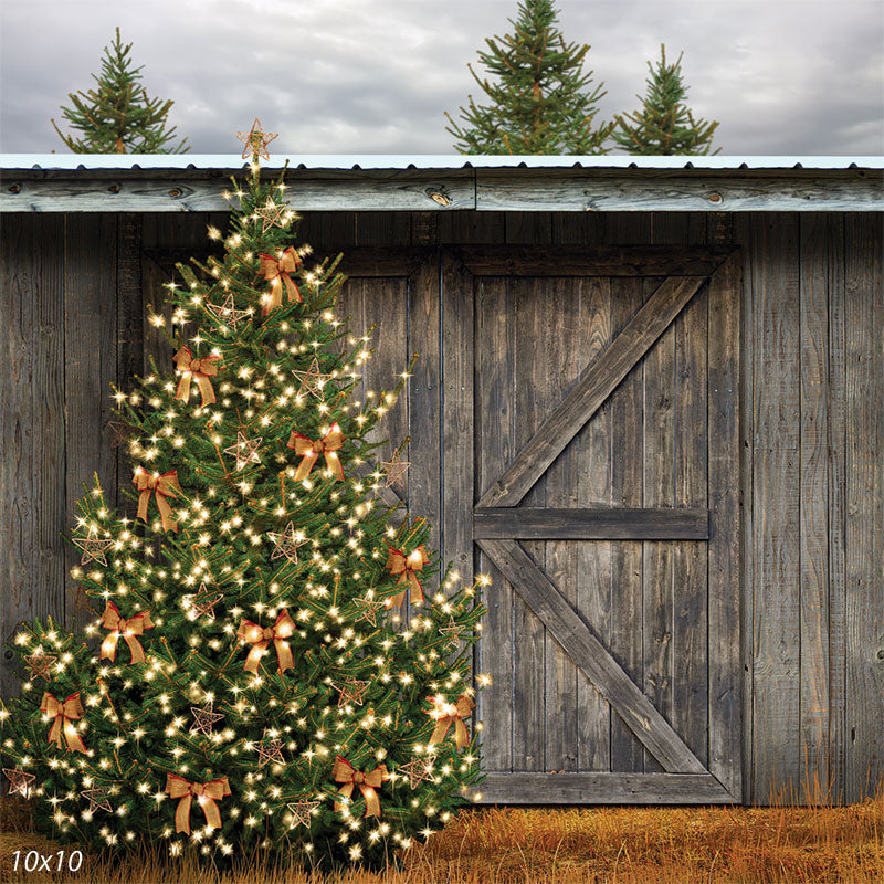Holiday Barn With Lights Backdrop