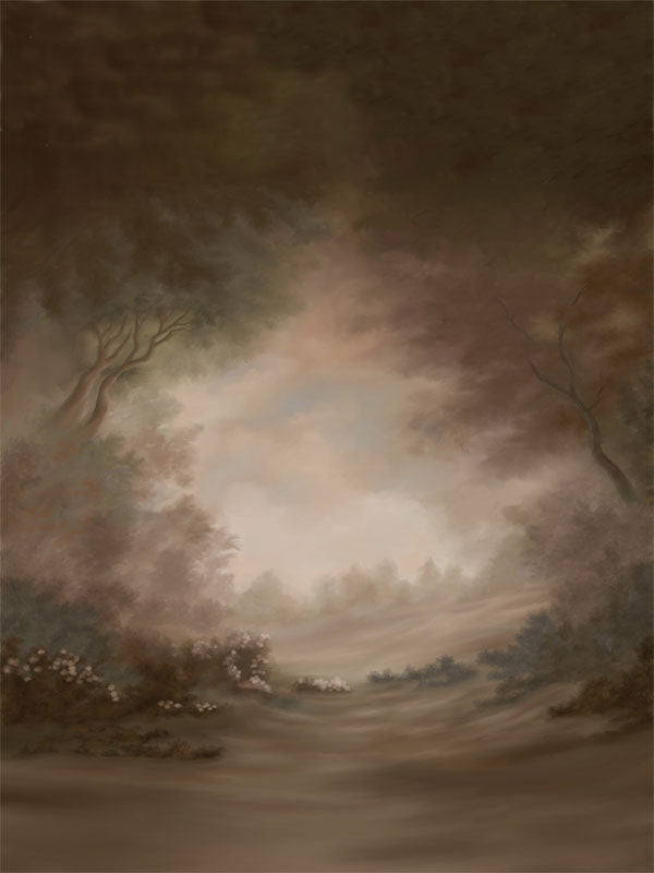 Earth-toned forest scene with hand-painted brushwork and soft distant trees.