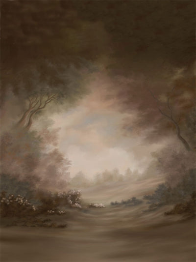 Earth-toned forest scene with hand-painted brushwork and soft distant trees.