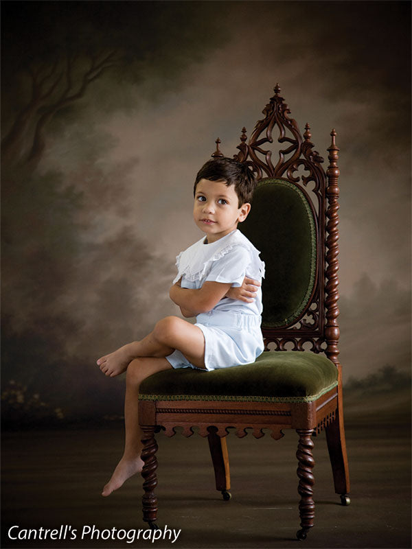 Vintage painted backdrop with tree shadows and floral tones creates a timeless setting for traditional studio photography, ideal for children's heirloom and portrait work.