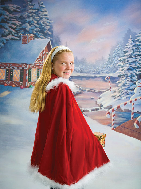 A Christmas-themed backdrop showing a wooden bridge wrapped in candy canes crossing a frozen creek.