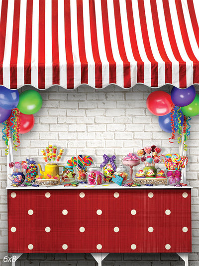 Carnival Candy Table Photography Backdrop - Photography backdrop featuring a carnival candy table with bright colors, a red and white awning, and festive balloons, perfect for kids' party photoshoots.