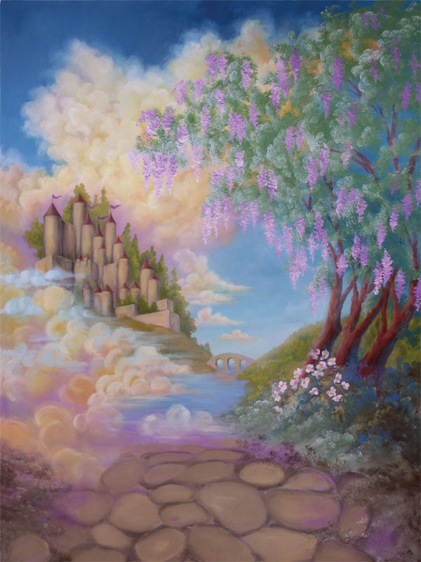 Ethereal castle in clouds with wisteria trees and stone path in a magical pastel landscape.