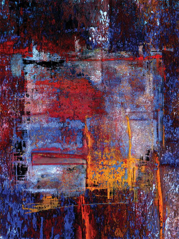 Moody abstract studio backdrop with layered red, blue, and orange textures in a chaotic brush pattern.