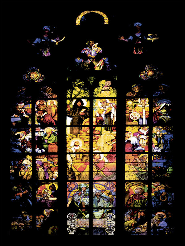 A breathtaking photography backdrop featuring an illuminated stained-glass window in a historic cathedral.