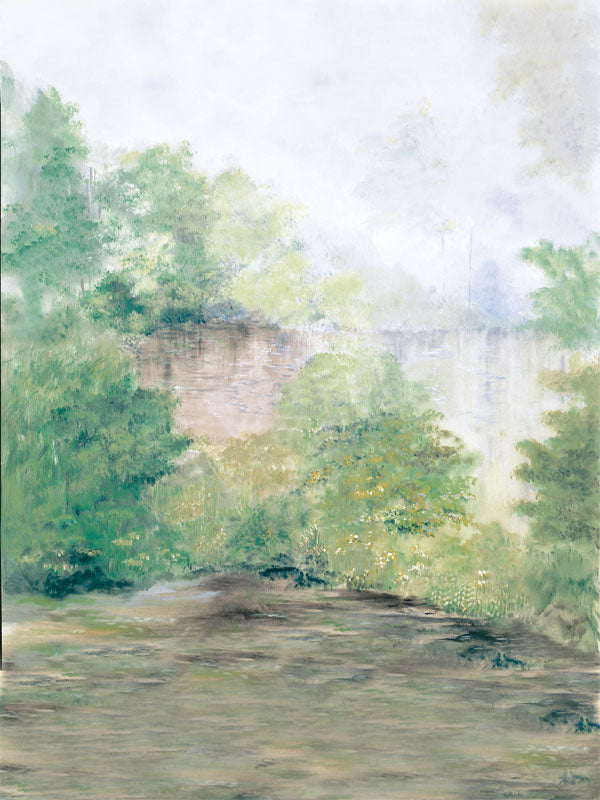 A soft, painterly photography backdrop featuring lush greenery and a tranquil pond with misty reflections.