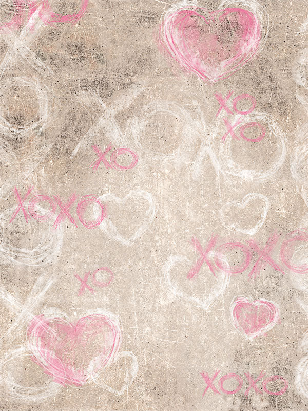 Chalkboard XOXO Photography Backdrop - Rustic photography backdrop with chalk-style hearts and "XOXO" designs on a distressed beige chalkboard background.