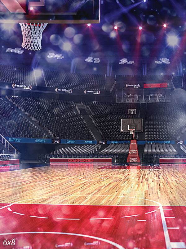 Championship Basketball Court Photography Backdrop - Realistic basketball court with wooden flooring and arena bleachers backdrop for sports-themed photography.