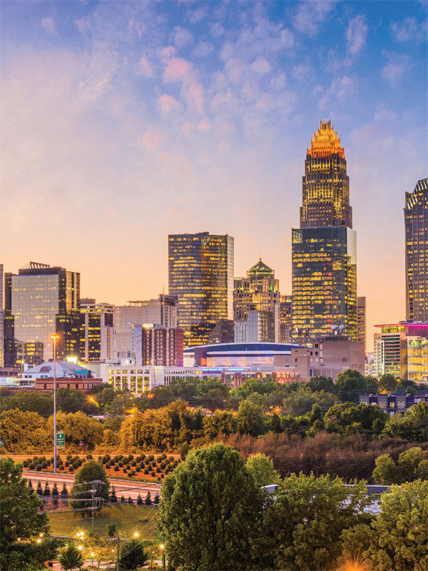 Charlotte Skyline at Sunset Photography Backdrop - Charlotte skyline photography backdrop at sunset, with vibrant colors and tall skyscrapers. Perfect for urban-themed photoshoots.